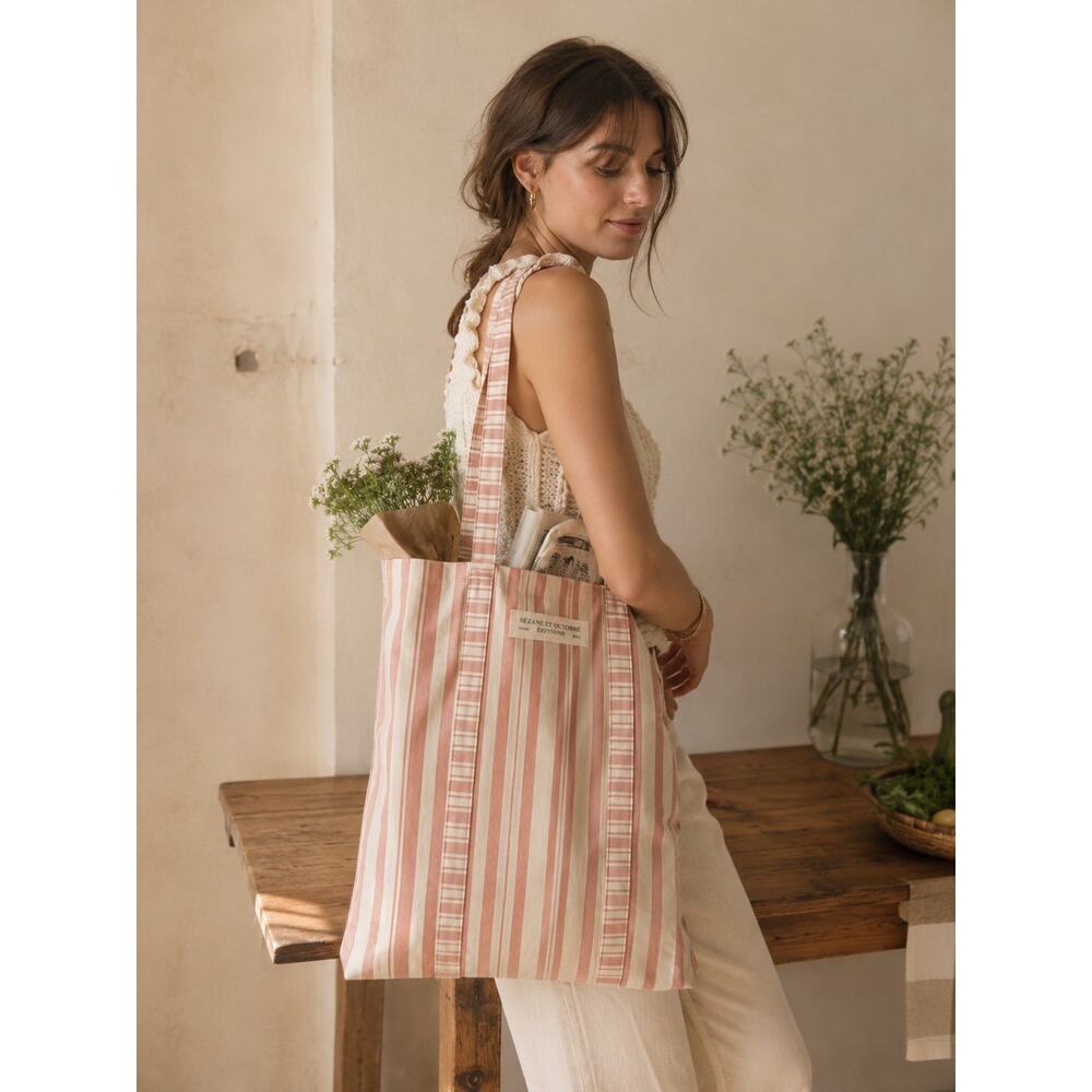Sezane Paris Tote Bag Pink White Canvas Cotton Shopping Purse Big Et Octobre